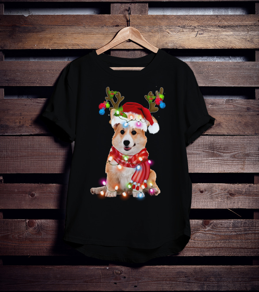 Corgi Christmas Reindeer Antlers Festive Lights And Santa Hat T-Shirt