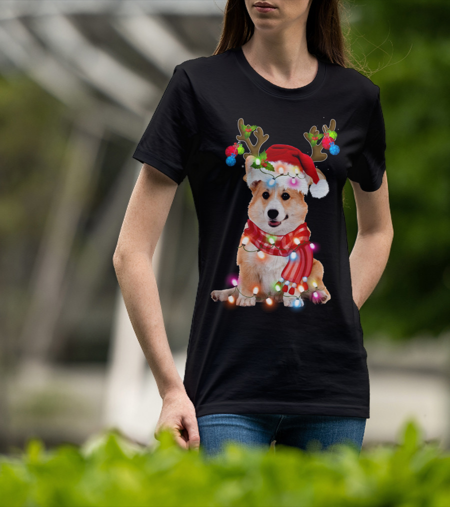 Corgi Christmas Reindeer Antlers Festive Lights And Santa Hat T-Shirt