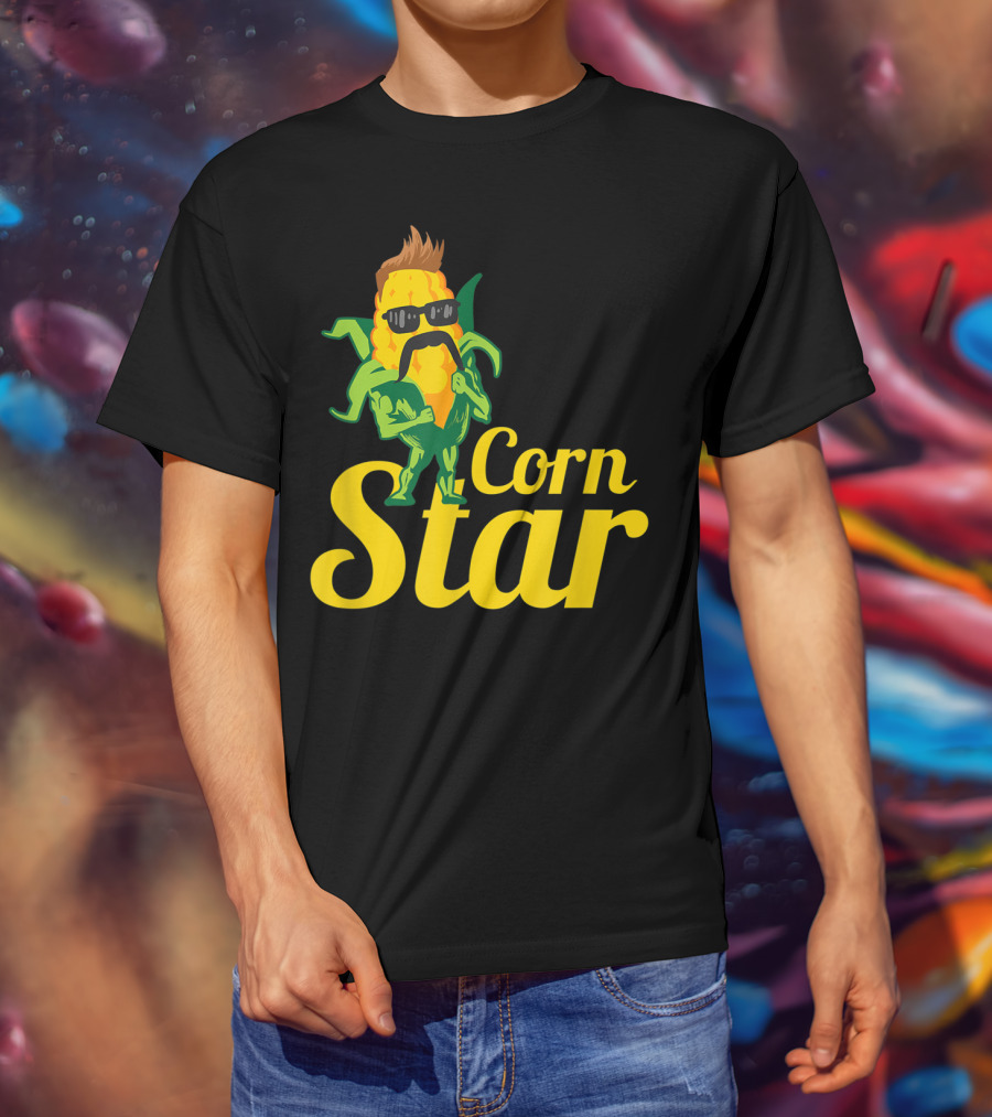 Funny Corn Star With Sunglasses And Mustache Maize Character T-Shirt