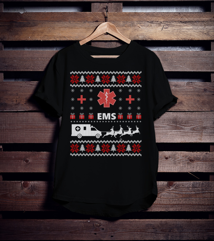 Funny EMS Christmas Ambulance Reindeer Ugly T-Shirt