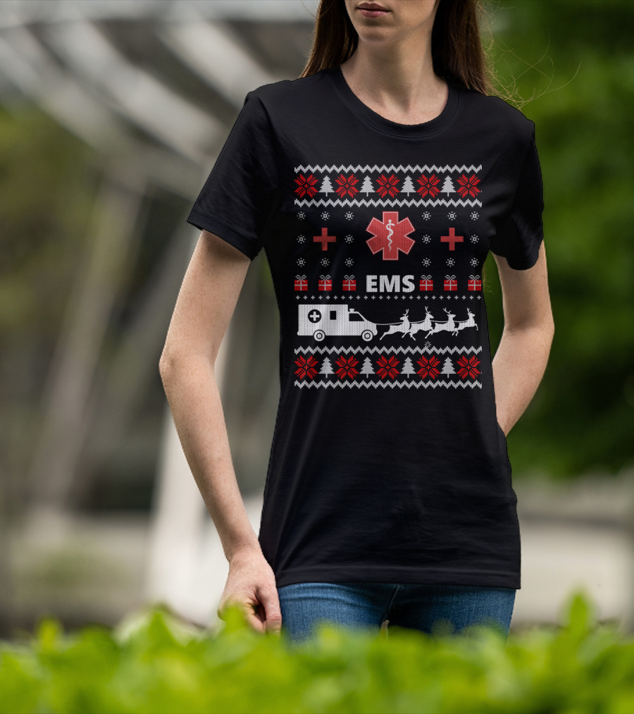 Funny EMS Christmas Ambulance Reindeer Ugly T-Shirt