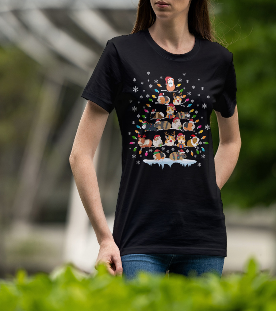 Funny Guinea Pig Christmas Tree Ornament With Santa And Reindeer Decor Elements T-Shirt