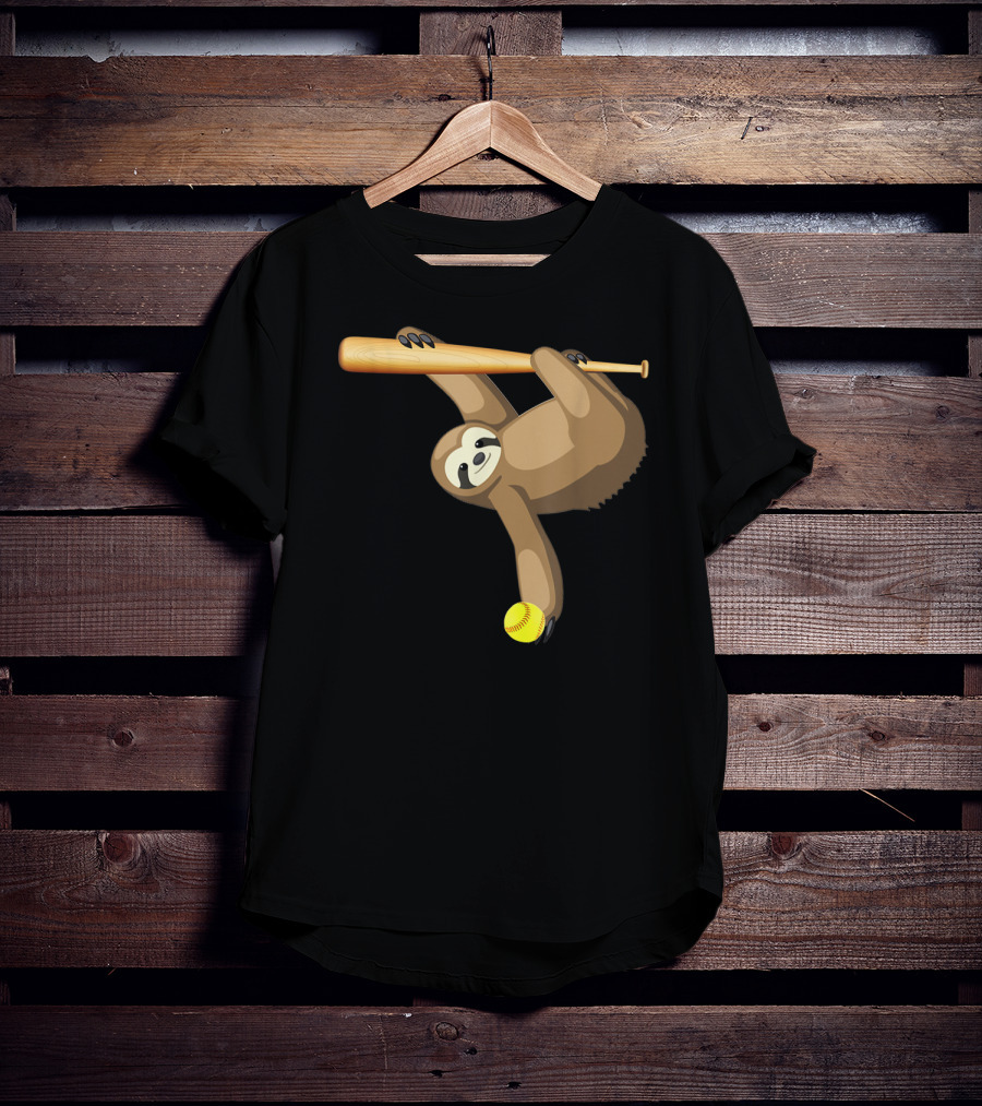 Funny Lazy Sloth Playing Baseball Softball With Bat And Ball T-Shirt