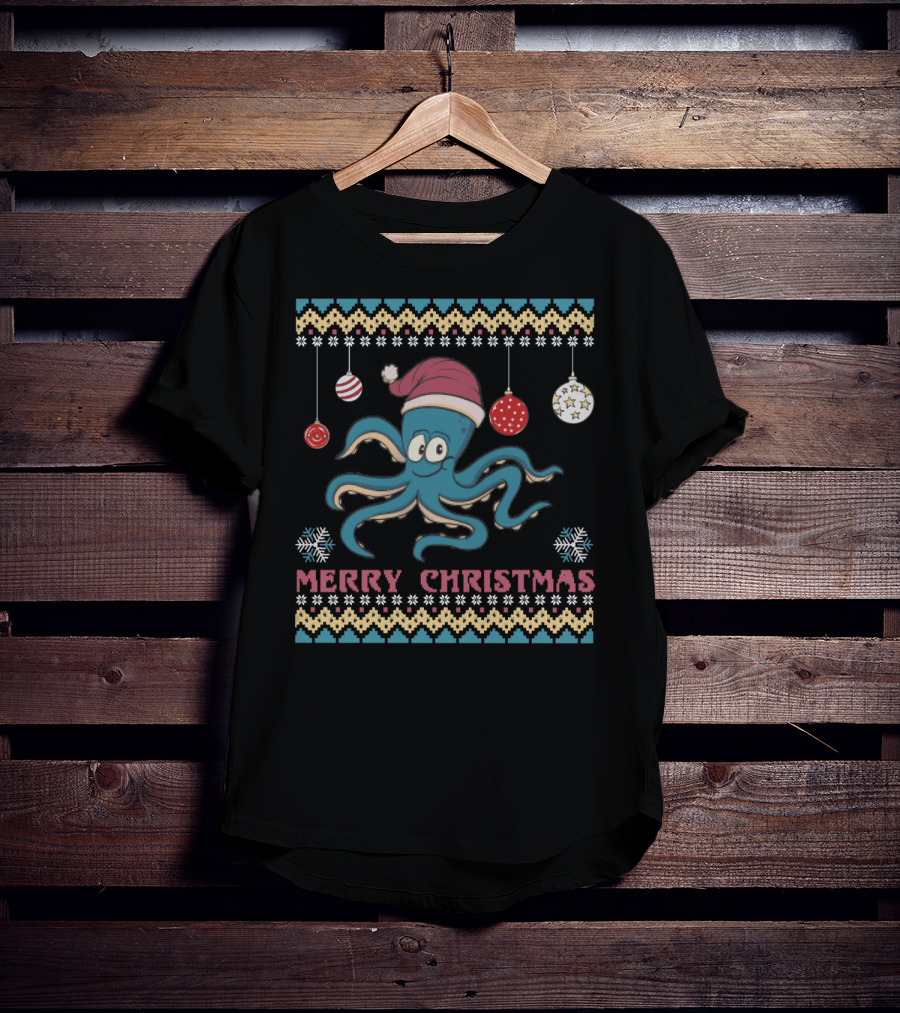 Merry Christmas Funny Octopus Santa Hat Ugly T-Shirt