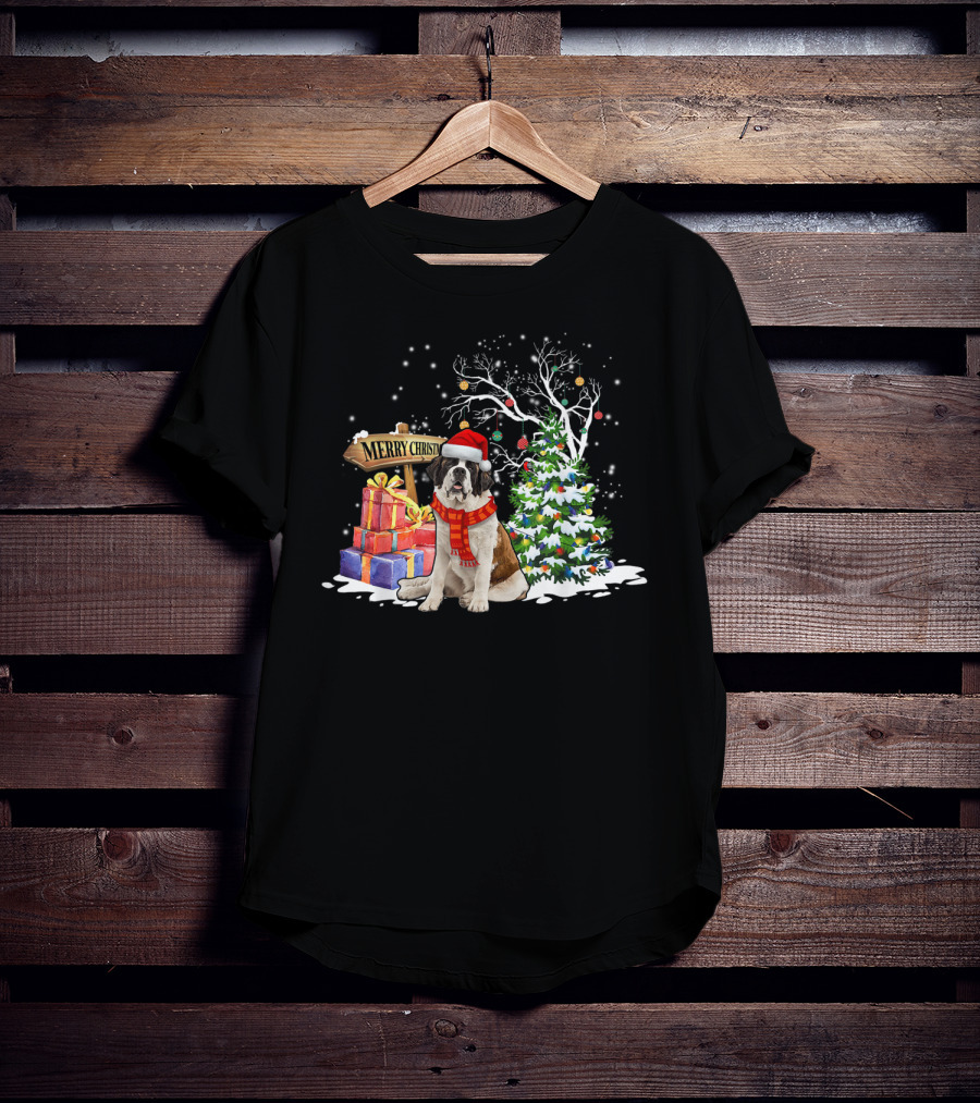 Merry Christmas Saint Bernard Santa Holiday Scene T-Shirt