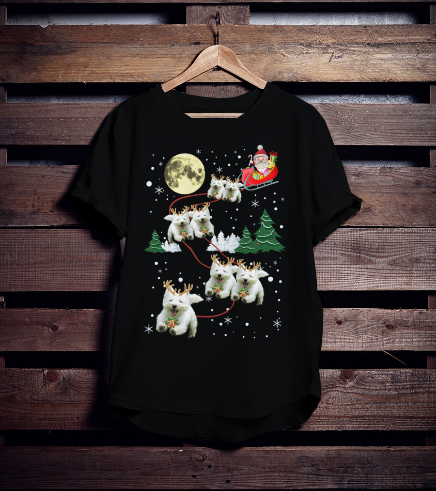Santa's Sleigh Pulled By Funny Westie Puppies Under Moonlit Christmas Sky T-Shirt