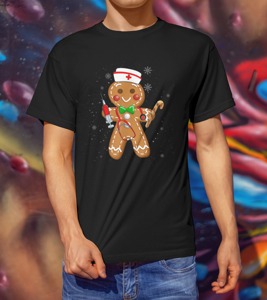 Gingerbread Nurse With Syringe And Stethoscope Christmas Holiday Fun T-Shirt