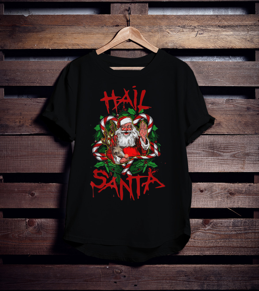 Hail Santa Funny Sleigher Christmas Rock Metal Santa With Reindeer And Candy Cane T-Shirt