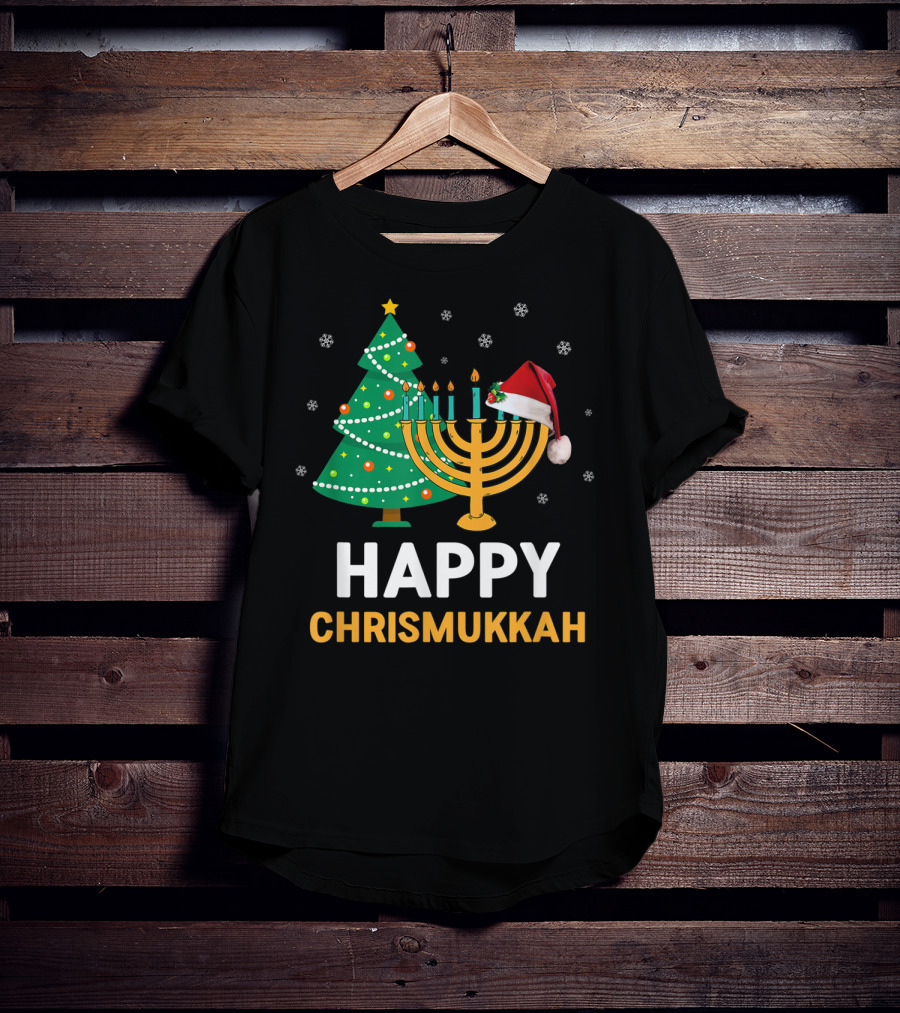 Happy Chrismukkah Funny Hanukkah Christmas Tree Menorah Santa Hat Snowflakes T-Shirt