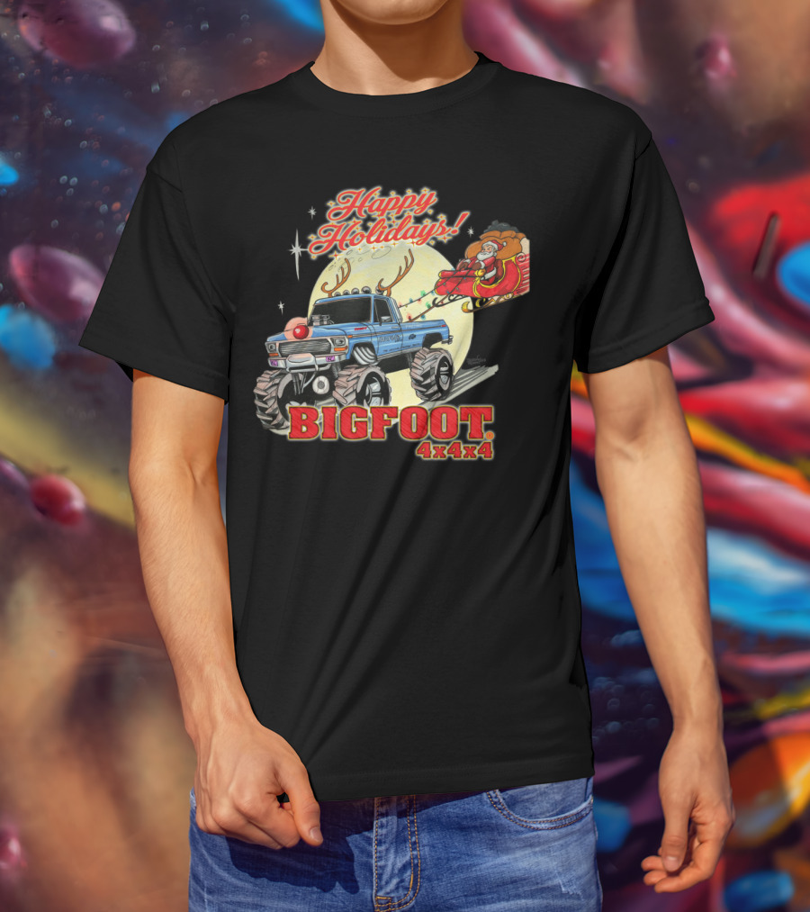 Happy Holidays Bigfoot 4x4x4 Santa Sleigh Reindeer Truck T-Shirt