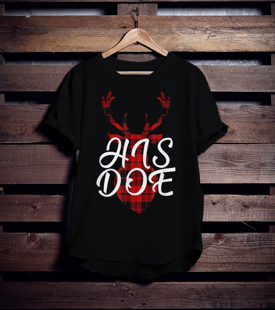 His Doe Couples Matching Red Buffalo Plaid Deer Head T-Shirt