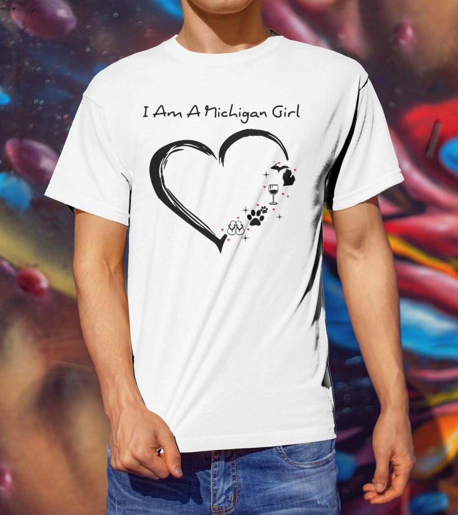 I Am A Michigan Girl Heart Wine Glass Dog Paw Print Flip Flops T-Shirt