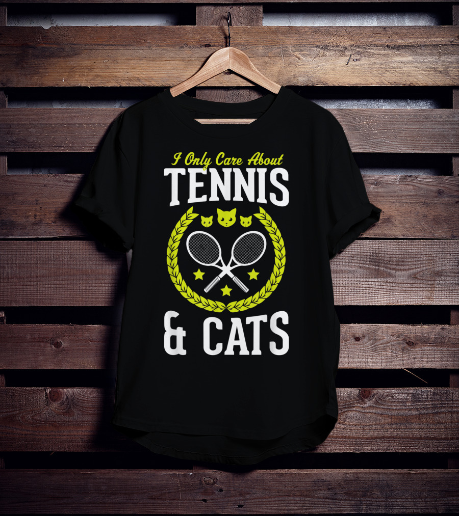 I Only Care About Tennis And Cats Funny Tennis Rackets Cat Faces Laurel Stars T-Shirt