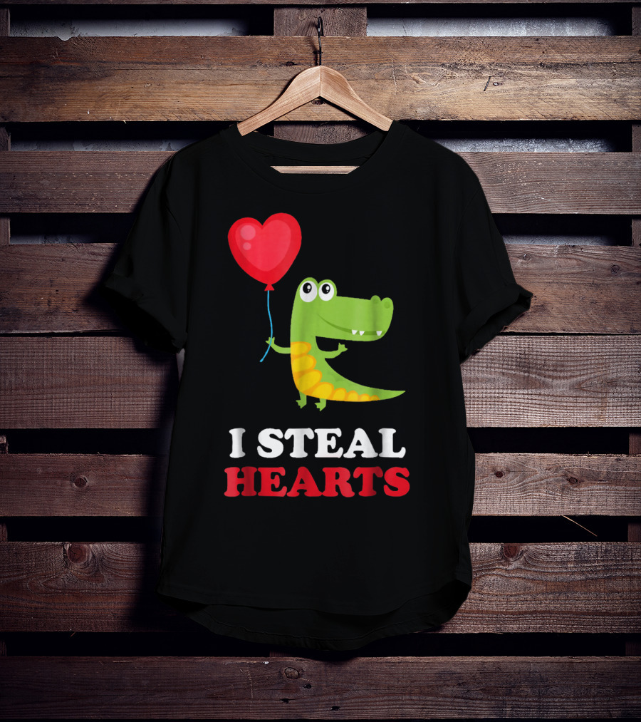 I Steal Hearts Dinosaur Holding Balloon Valentines Day T-Shirt