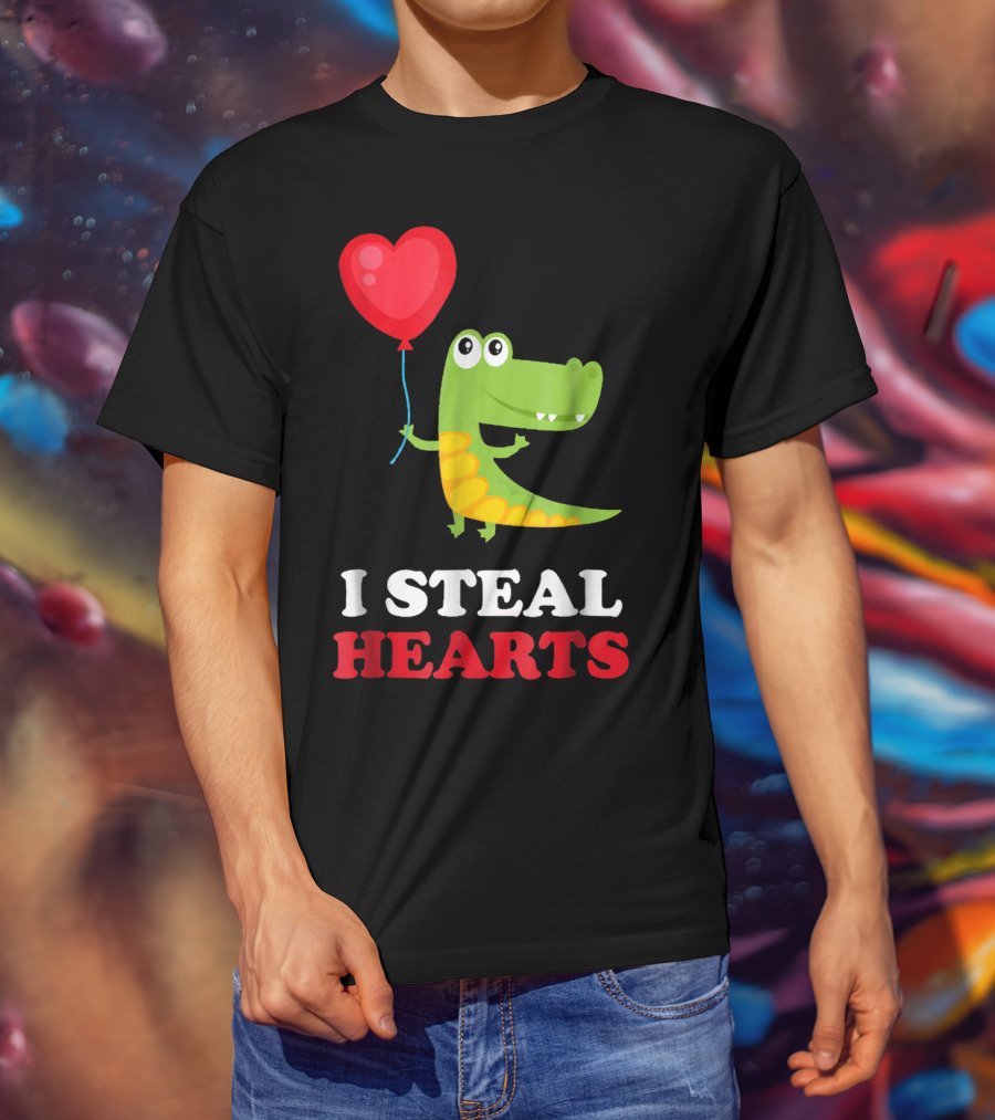 I Steal Hearts Dinosaur Holding Balloon Valentines Day T-Shirt