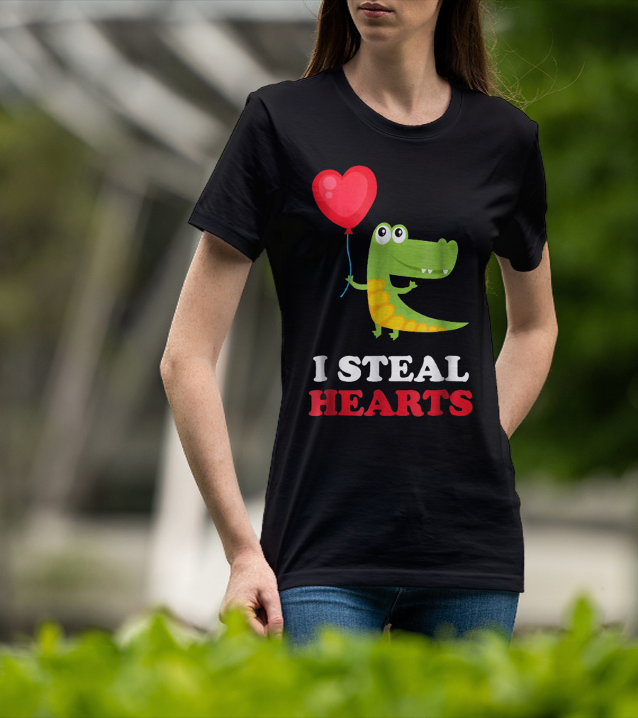 I Steal Hearts Dinosaur Holding Balloon Valentines Day T-Shirt