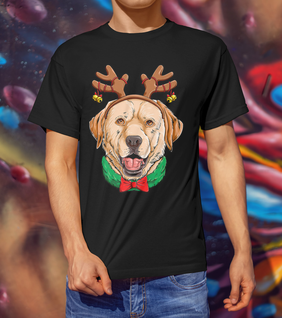 Labrador With Christmas Reindeer Antlers And Bow Tie Dog Xmas O7 T-Shirt