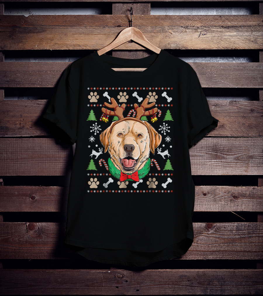 Labrador Reindeer Antlers Ugly Christmas Dog With Candy Canes And Paw Prints T-Shirt