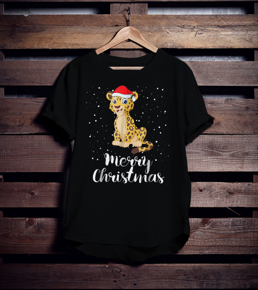 Merry Christmas Leopard Santa Hat Matching Family Group T-Shirt