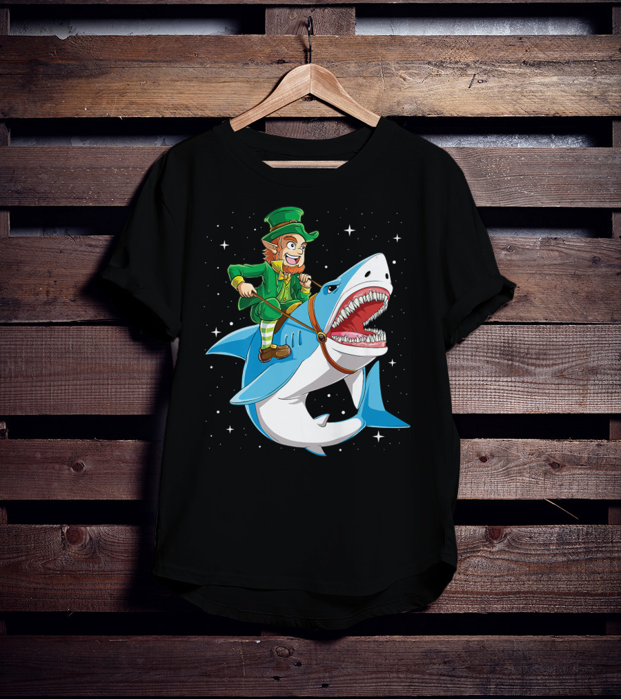 Leprechaun Riding Shark Happy St Patricks Day Fun Boys Adventure T-Shirt