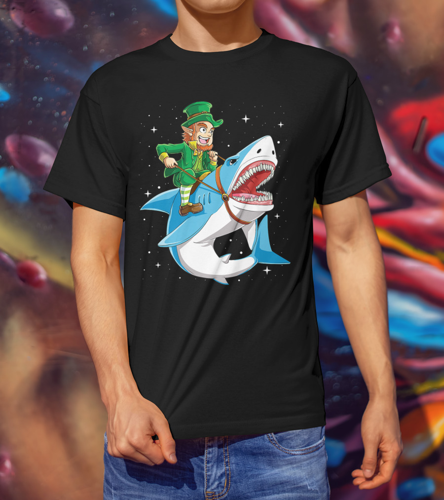Leprechaun Riding Shark Happy St Patricks Day Fun Boys Adventure T-Shirt
