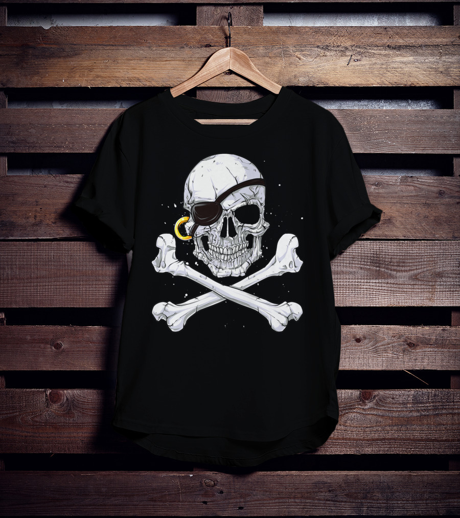 Jolly Roger Skull Crossbones Pirate Eye Patch Gold Earring T-Shirt