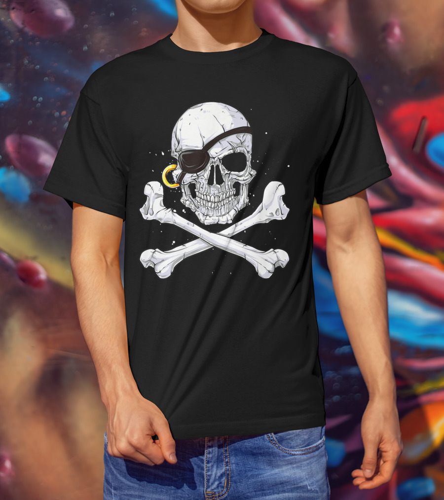 Jolly Roger Skull Crossbones Pirate Eye Patch Gold Earring T-Shirt