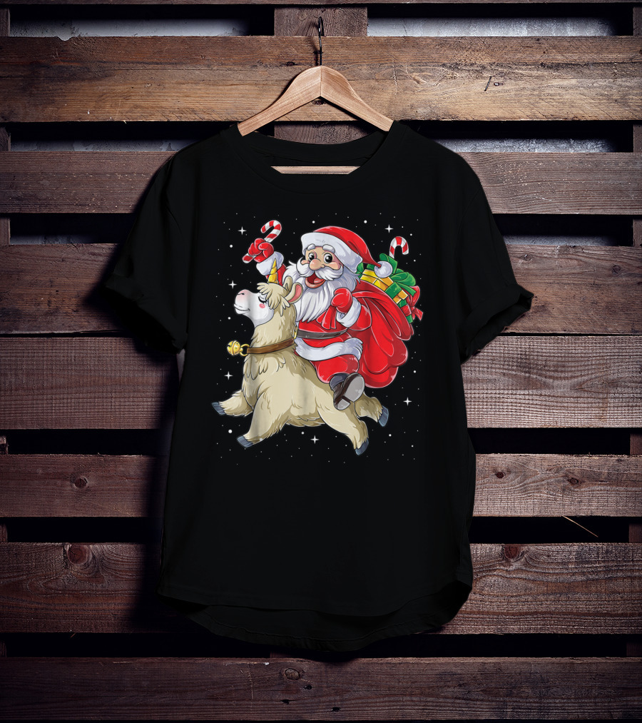 Santa Claus Riding Llamacorn Unicorn With Candy Canes And Gifts T-Shirt