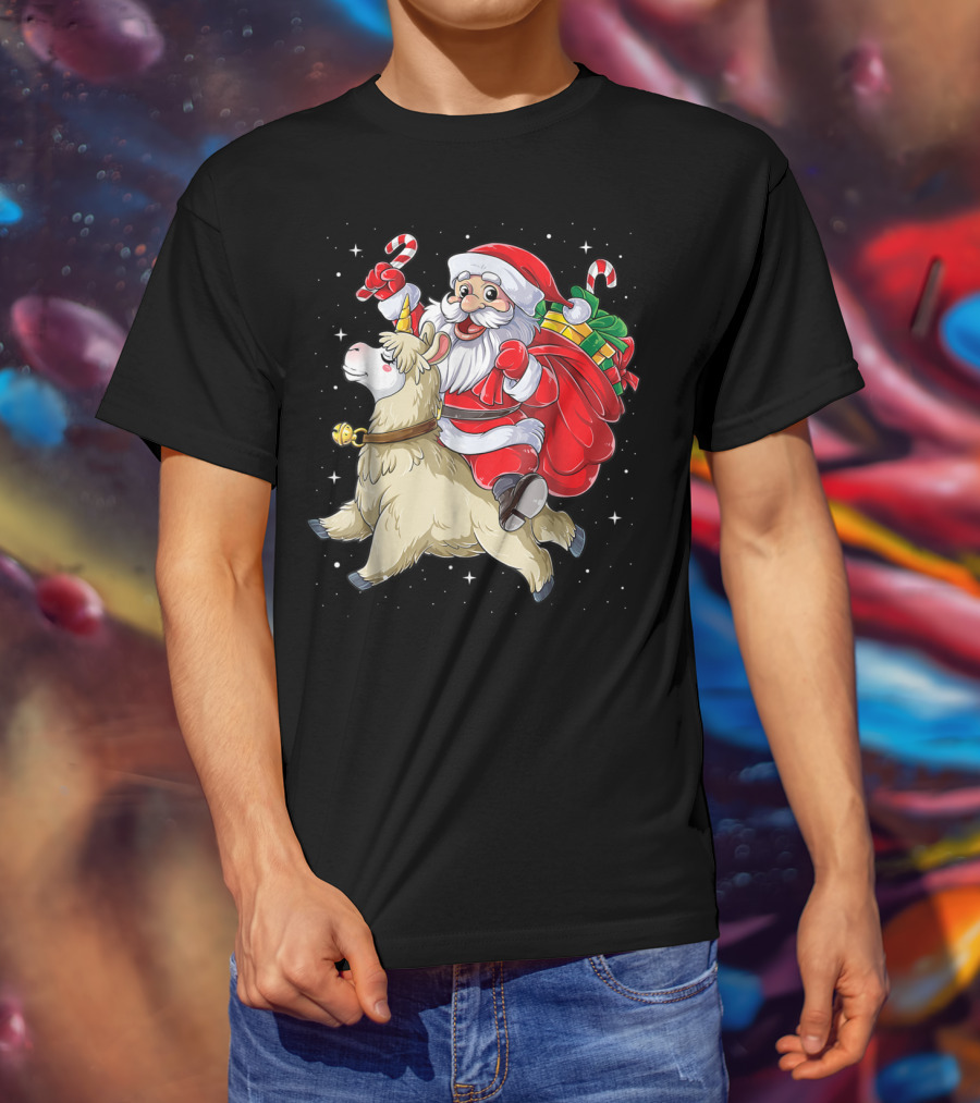 Santa Claus Riding Llamacorn Unicorn With Candy Canes And Gifts T-Shirt