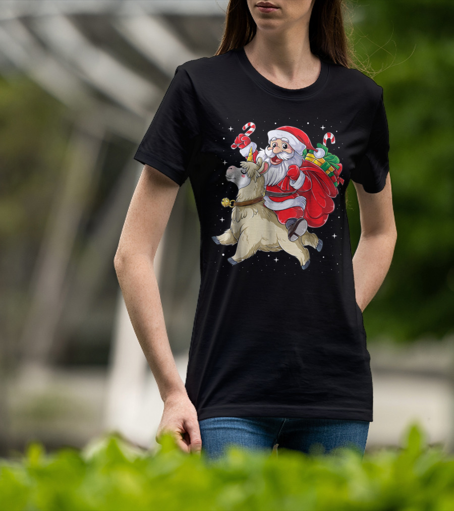Santa Claus Riding Llamacorn Unicorn With Candy Canes And Gifts T-Shirt