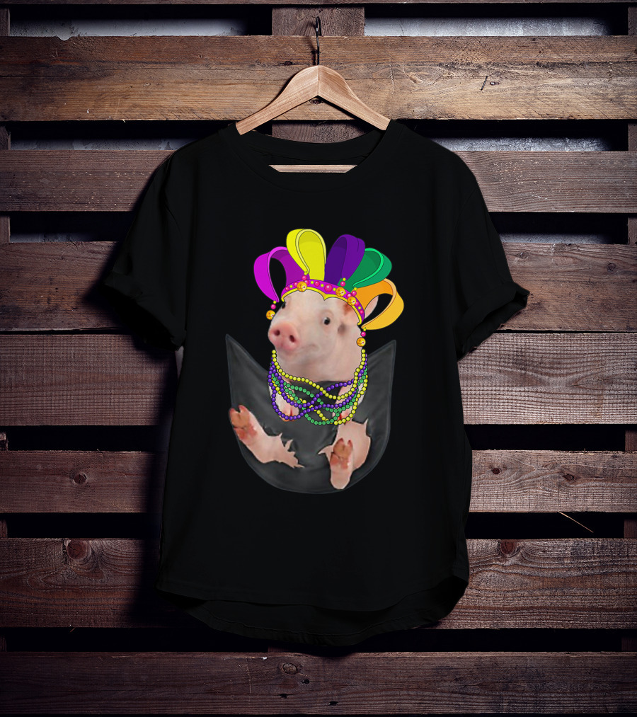 Mardi Gras Pig In Your Pocket With Colorful Beads And Jester Hat Farm Animal T-Shirt