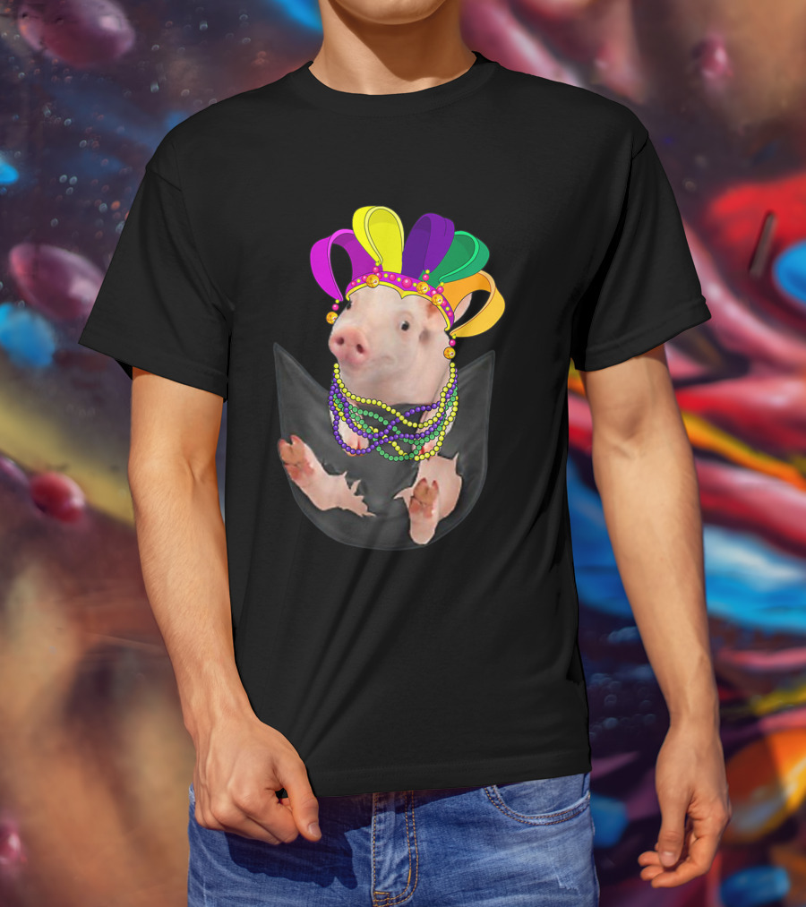 Mardi Gras Pig In Your Pocket With Colorful Beads And Jester Hat Farm Animal T-Shirt