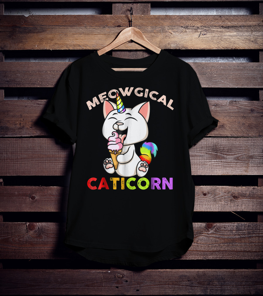 Meowgical Caticorn Rainbow Cat Unicorn Eating Ice Cream Cone T-Shirt