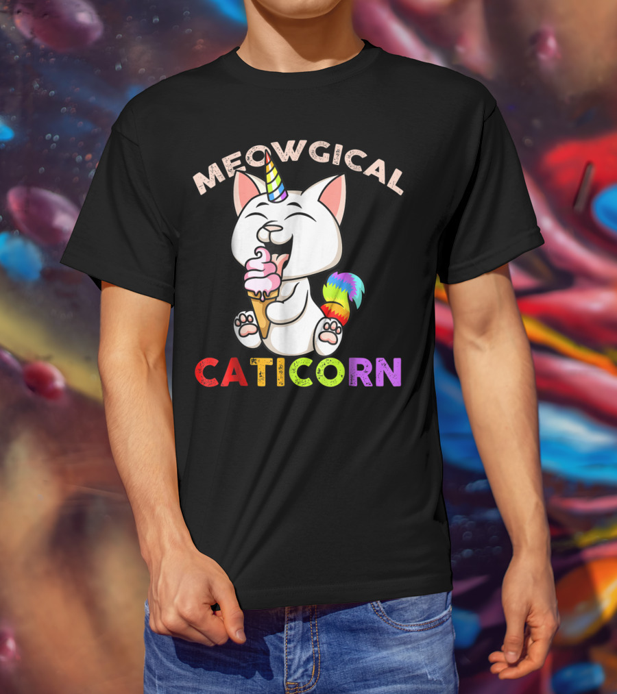 Meowgical Caticorn Rainbow Cat Unicorn Eating Ice Cream Cone T-Shirt
