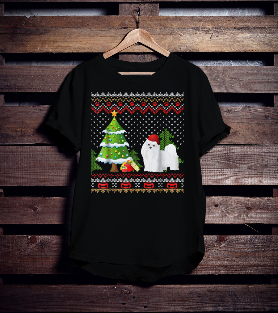 Maltese Santa Christmas UglyDog With Festive Tree And Gifts T-Shirt