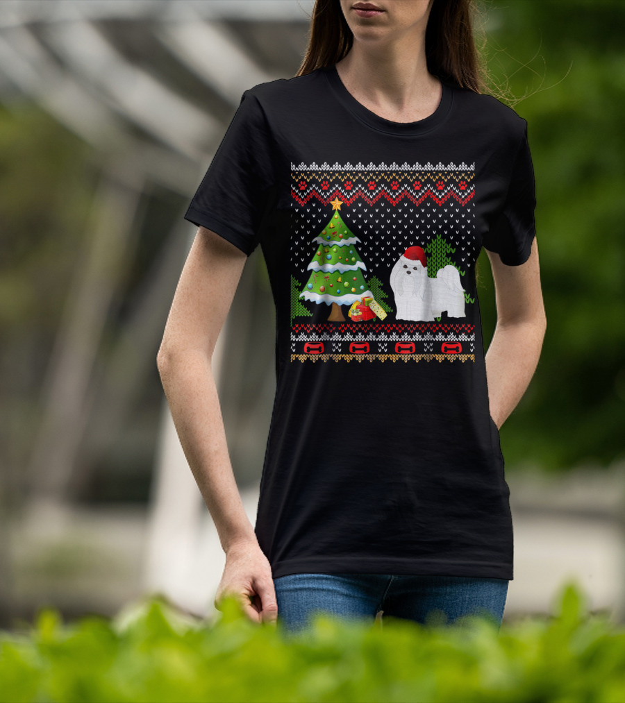 Maltese Santa Christmas UglyDog With Festive Tree And Gifts T-Shirt