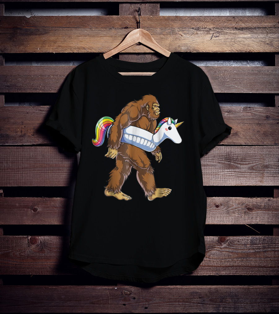 Sasquatch With Unicorn Float Pool Party Bigfoot T-Shirt