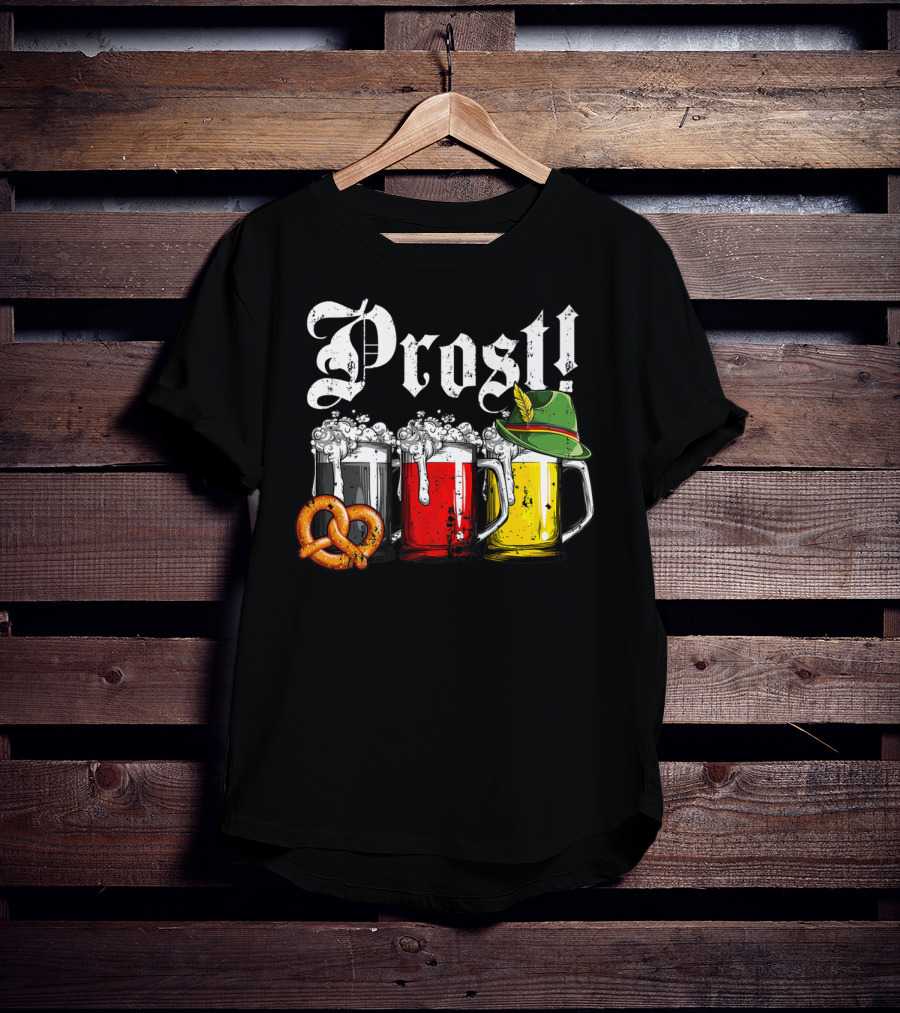 Prost Beer German Flag Oktoberfest With Pretzel And Bavarian Hat T-Shirt