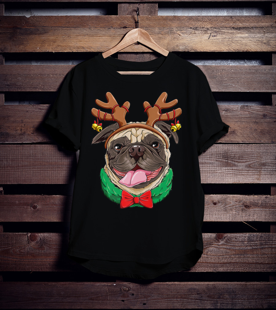 Pug Christmas Reindeer Antlers Dog Xmas Girls S6 Holiday Bow Wrapping Bells T-Shirt