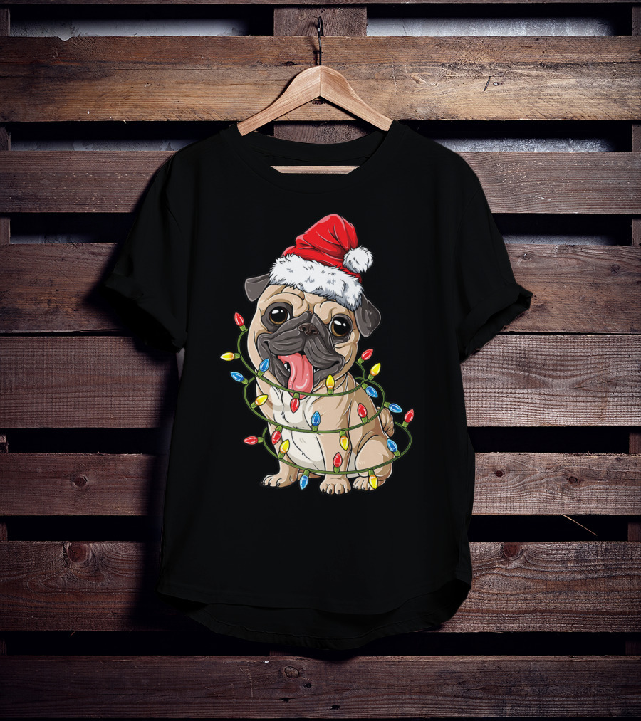 Pug Wearing Santa Hat Wrapped In Xmas Lights For Christmas T-Shirt