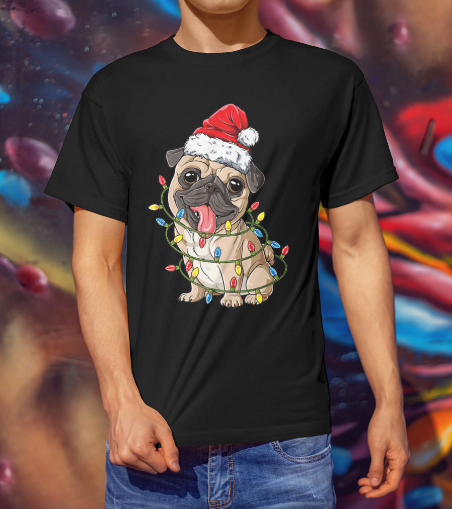 Pug Wearing Santa Hat Wrapped In Xmas Lights For Christmas T-Shirt