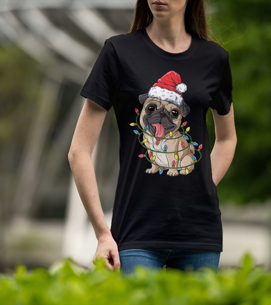 Pug Wearing Santa Hat Wrapped In Xmas Lights For Christmas T-Shirt