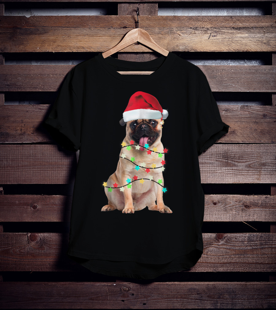 Pug Santa Christmas Light Wrapping Festive Holiday Hat T-Shirt