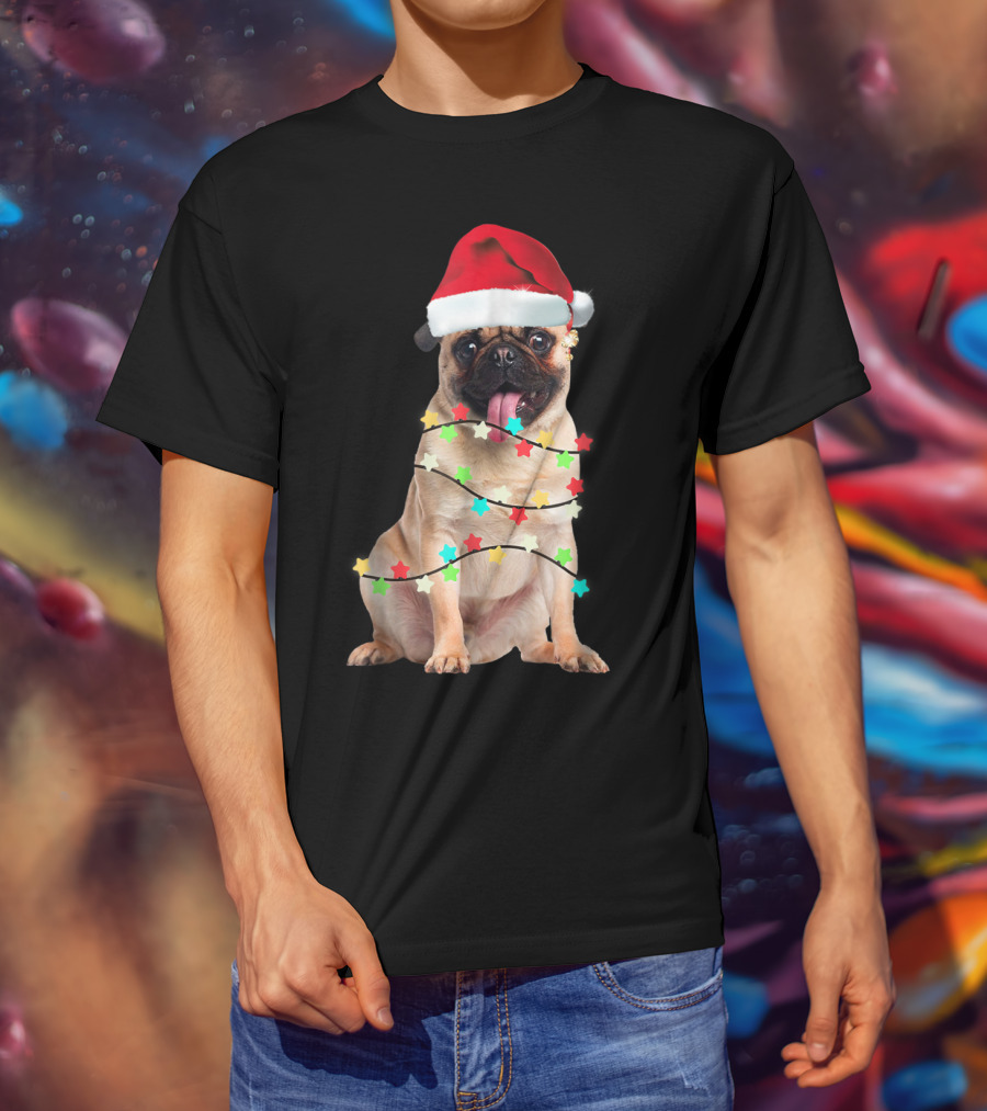 Pug Santa Christmas Light Wrapping Festive Holiday Hat T-Shirt