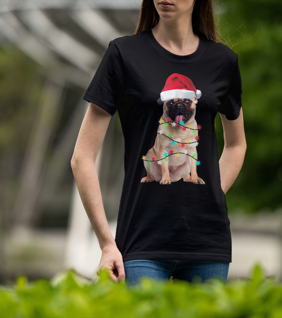 Pug Santa Christmas Light Wrapping Festive Holiday Hat T-Shirt