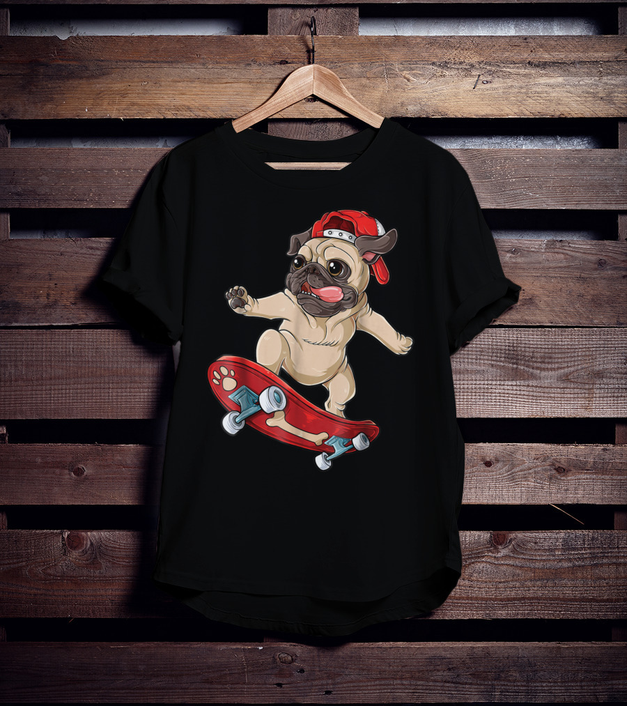 Pug Puppy Skater With Red Hat And Paw Print Skateboard T-Shirt