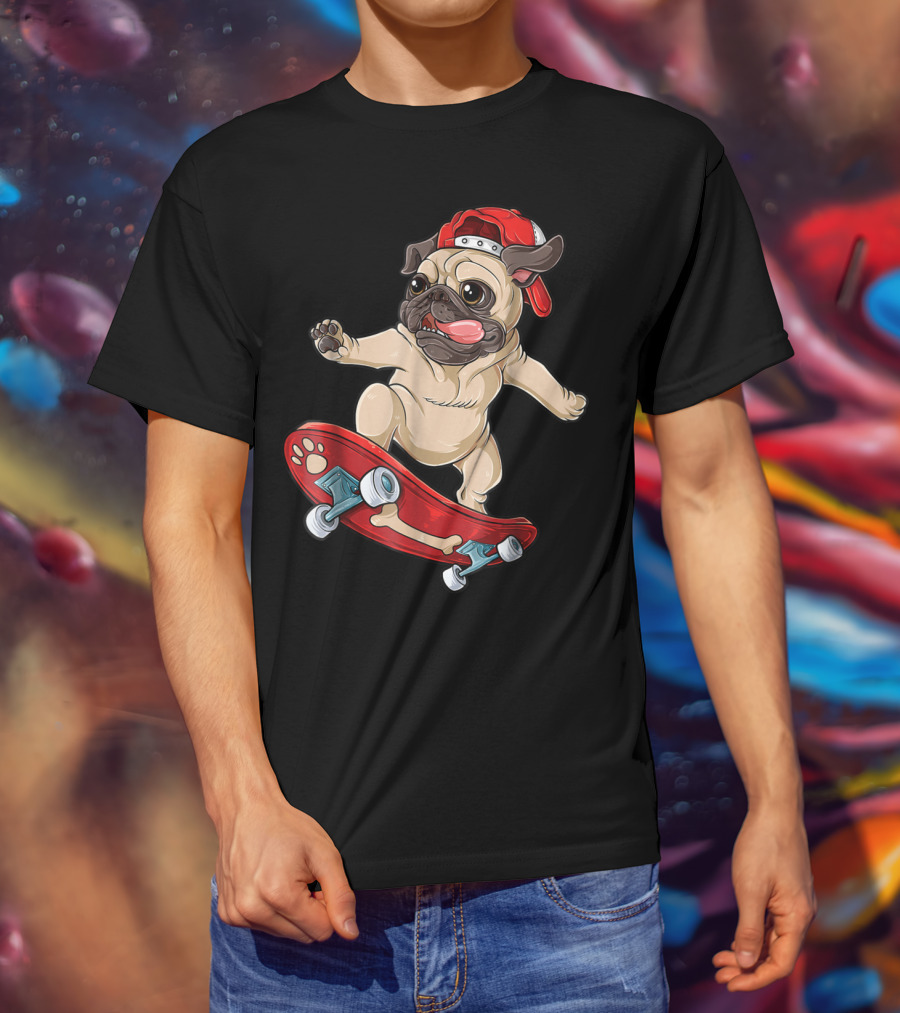 Pug Puppy Skater With Red Hat And Paw Print Skateboard T-Shirt