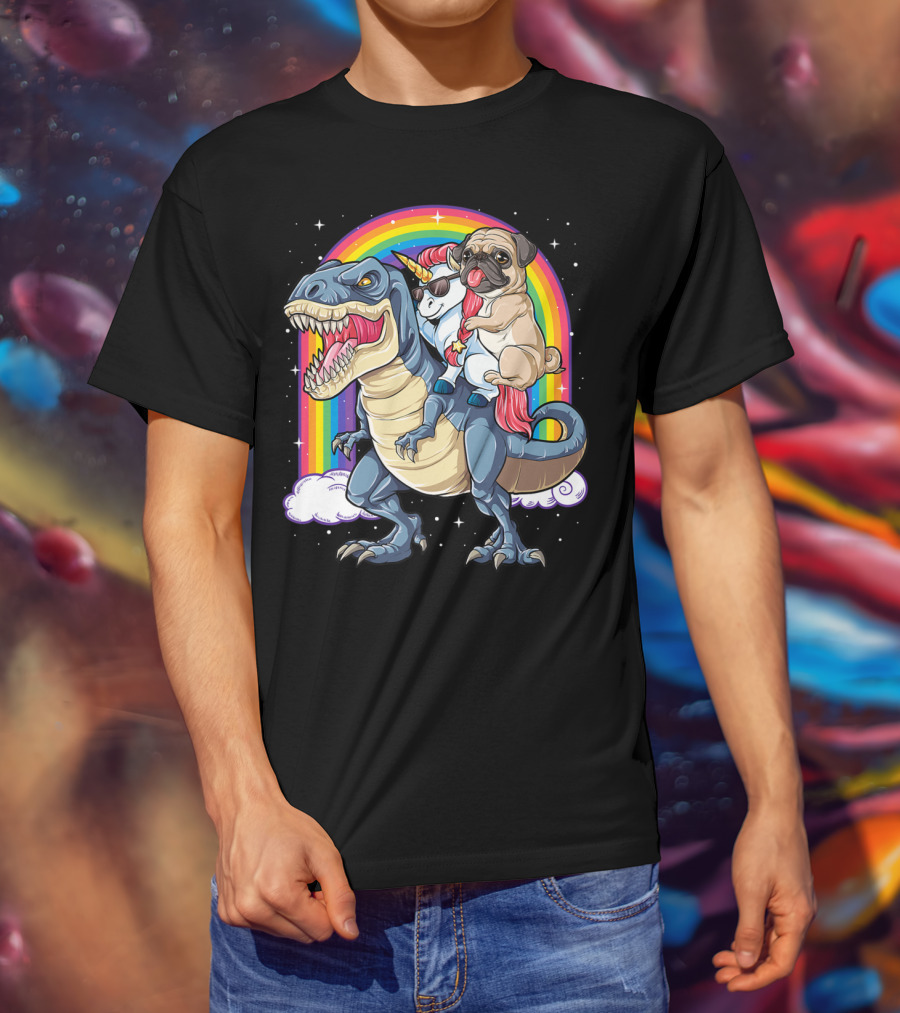 Pug Unicorn Riding Dinosaur With Rainbow Kids Girls Women T-Shirt