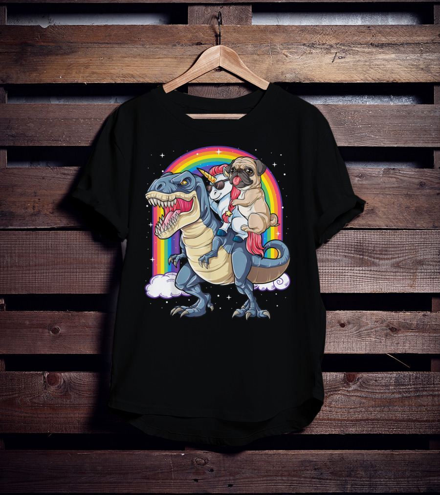 Pug Riding Unicorn Riding Dinosaur Under Rainbow T-Shirt