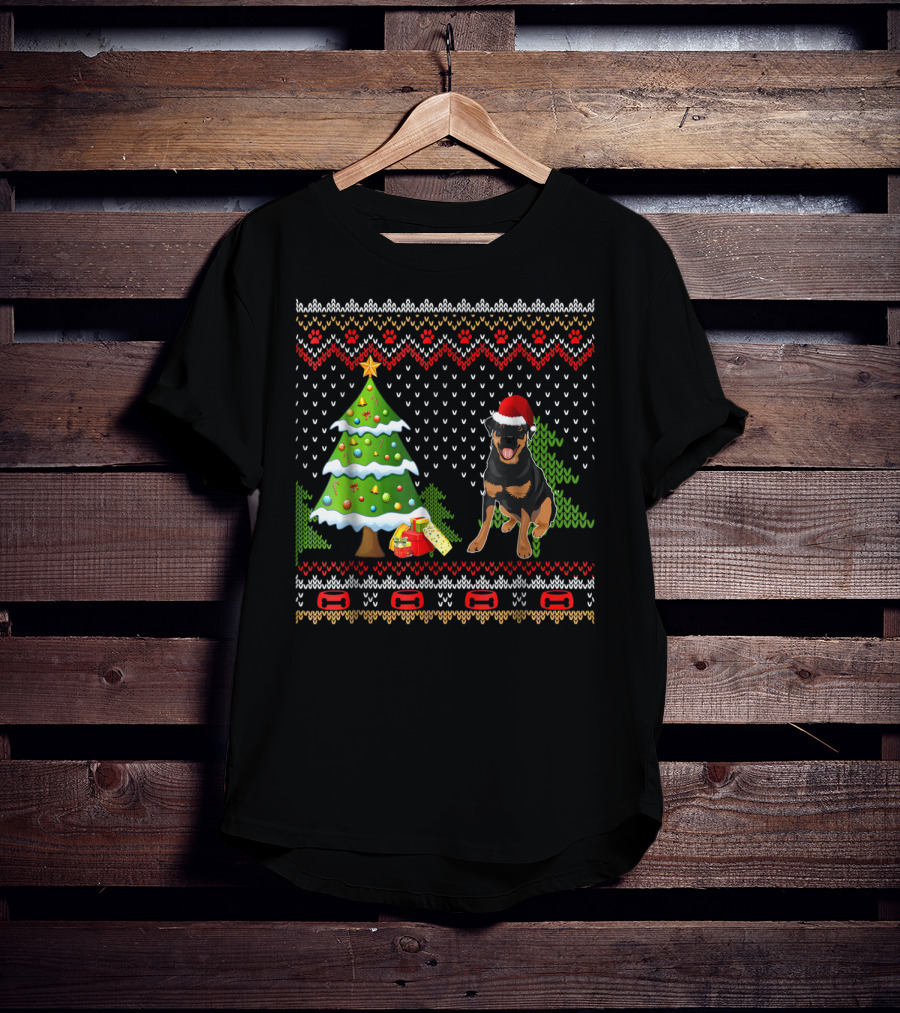 Rottweiler Santa Christmas Ugly Dog Sweater Tree And Gifts T-Shirt